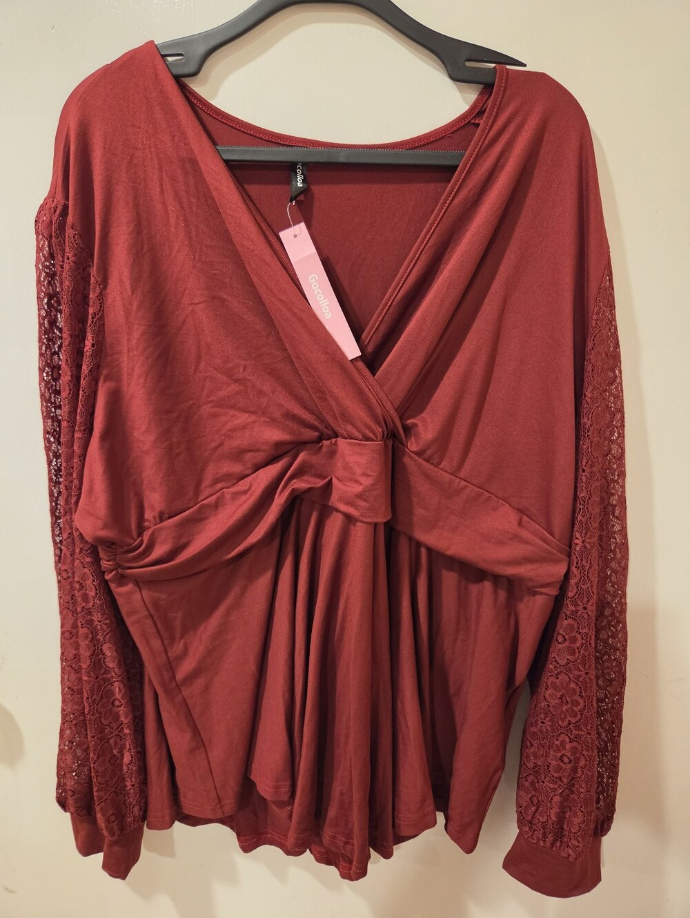 Colette Burgundy Twist-Front Lace Sleeve Top